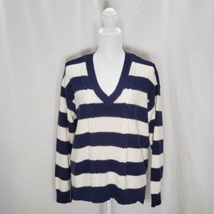 CHAPS Navy & White Striped V Neck Sweater Size L
